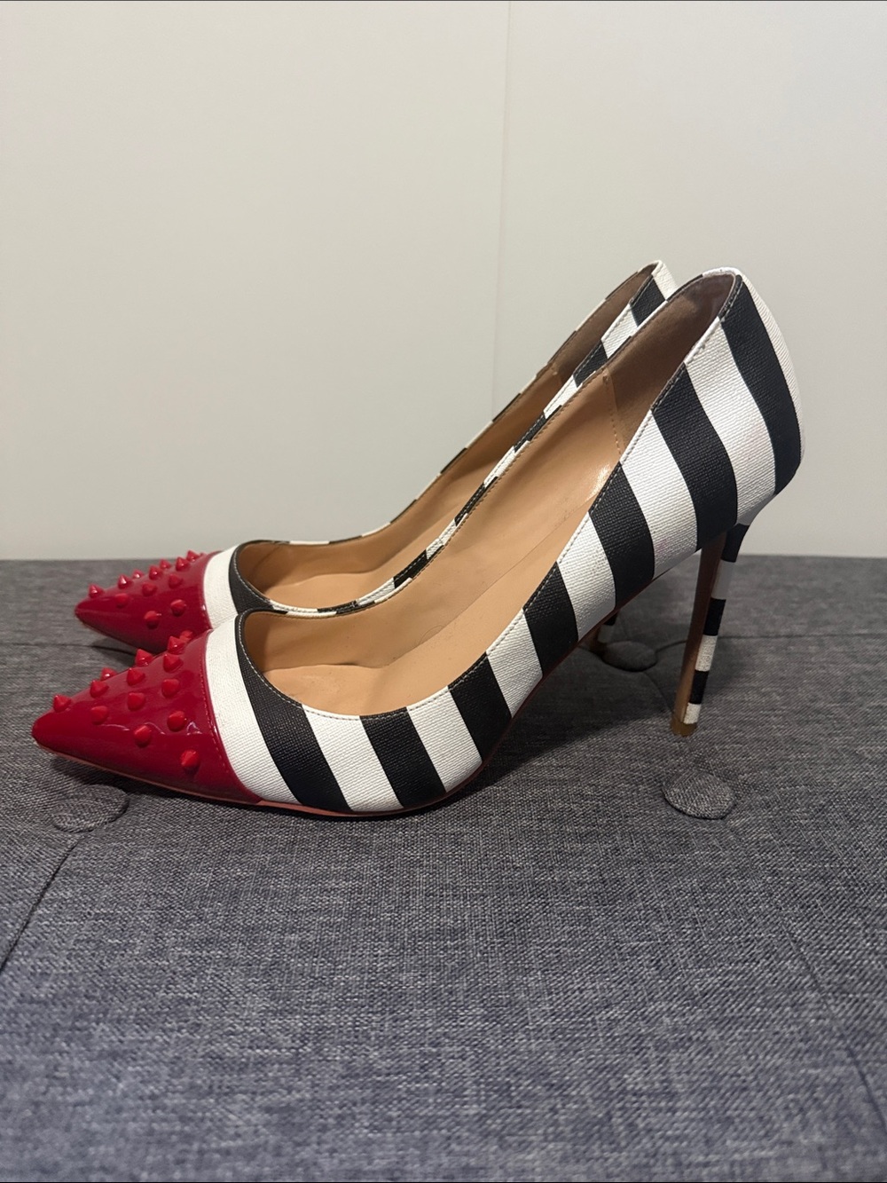 Black & White Striped Pointed Pumps with Red Studded Toe
